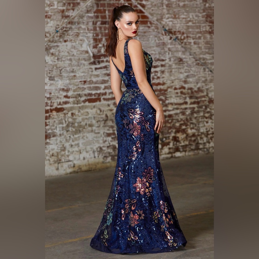 Cinderella Divine 14 Blue Iridescent Floral Sequin Full Length Gown Style J797 - Picture 5 of 9